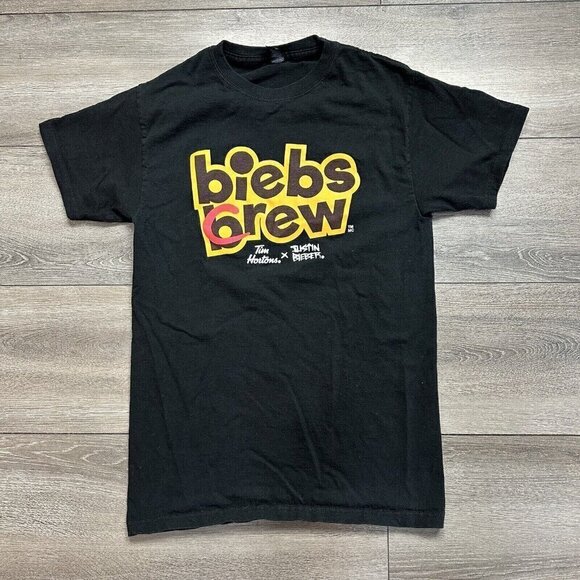 Justin Bieber x Tim Hortons Tim Biebs Brew Crew T-Shirt Size S Black Unisex - Picture 1 of 6